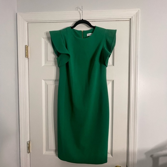 Calvin Klein Green Dress with accent sleeves, and gold zipper back. Sz 8. - Picture 3 of 6